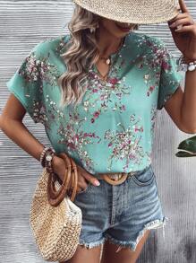 SHEIN LUNE Floral Print Notched Neck Batwing Sleeve Blouse - Cadet Blue - View 6
