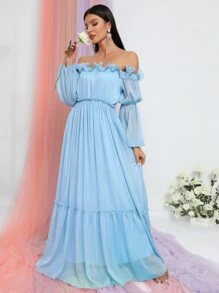 Off Shoulder Ruffle Trim Ruffle Hem Chiffon Dress - Baby Blue - View 1