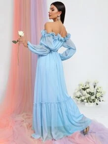 Off Shoulder Ruffle Trim Ruffle Hem Chiffon Dress - Baby Blue - View 2