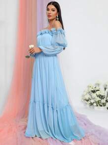 Off Shoulder Ruffle Trim Ruffle Hem Chiffon Dress - Baby Blue - View 3