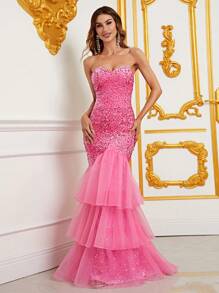 Mesh Hem Sequin Tube Formal Dress - Pink - View 1
