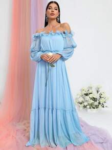 Off Shoulder Ruffle Trim Ruffle Hem Chiffon Dress - Baby Blue - View 6