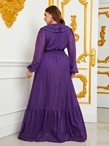 Plus Plunging Neck Ruffle Hem Dress - Purple - View 2