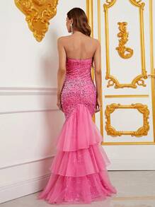 Mesh Hem Sequin Tube Formal Dress - Pink - View 2