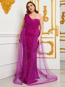 大碼單肩網紗拼接亮片正式連衣裙 - 玫瑰紅 - 查看 5