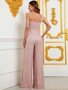 One Shoulder Sequin Wide Leg Jumpsuit - Baby Pink - View 2