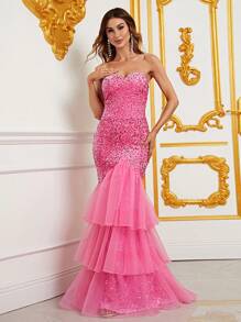 Mesh Hem Sequin Tube Formal Dress - Pink - View 4