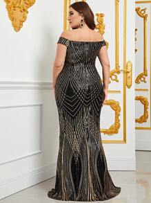 Plus Off Shoulder Sequin Formal Dress - Black - View 2