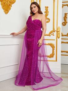 大碼單肩網紗拼接亮片正式連衣裙 - 玫瑰紅 - 查看 6