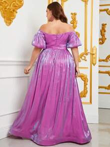 大碼一字肩泡泡袖繫腰帶洋裝 - 紫色 - 查看 2