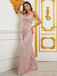 One Shoulder Sequin Wide Leg Jumpsuit - Baby Pink - View 4