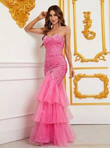 Mesh Hem Sequin Tube Formal Dress - Pink - View 6