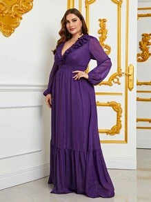 Plus Plunging Neck Ruffle Hem Dress - Purple - View 6