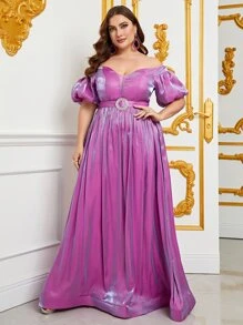 大碼一字肩泡泡袖繫腰帶洋裝 - 紫色 - 查看 6