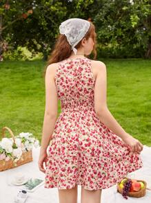 SHEIN Đầm Gái viền lá sen Dải chun Họa tiết hoa Boho - Nhiều màu - Xem 2