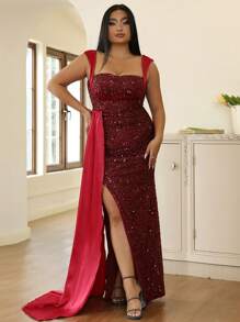 seomiscky Đầm Plus Size ghép mộng kim sa Tách cao Vắt Khối Màu Buổi tiệc - Màu Đỏ Sâu - Xem 1