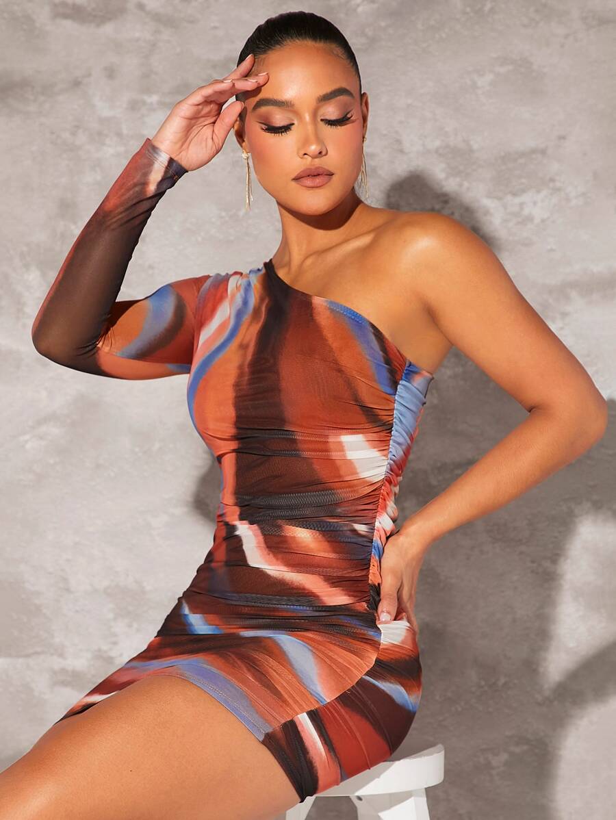 Silquee 紮染單肩褶邊緊身洋裝 - 彩色 - 查看 1