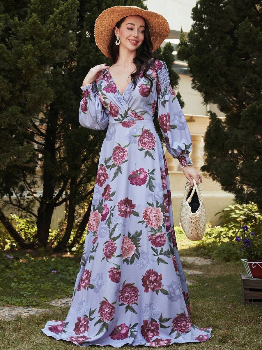 Missord Floral Print Lantern Sleeve Dress - Blue - View 1