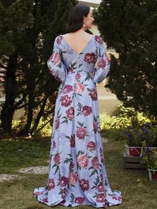 Missord Floral Print Lantern Sleeve Dress - Blue - View 2