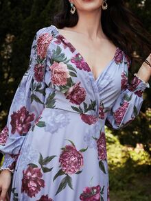 Missord Floral Print Lantern Sleeve Dress - Blue - View 3