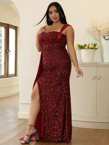 seomiscky Đầm Plus Size ghép mộng kim sa Tách cao Vắt Khối Màu Buổi tiệc - Màu Đỏ Sâu - Xem 4