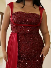 seomiscky Đầm Plus Size ghép mộng kim sa Tách cao Vắt Khối Màu Buổi tiệc - Màu Đỏ Sâu - Xem 5