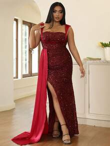 seomiscky Đầm Plus Size ghép mộng kim sa Tách cao Vắt Khối Màu Buổi tiệc - Màu Đỏ Sâu - Xem 6