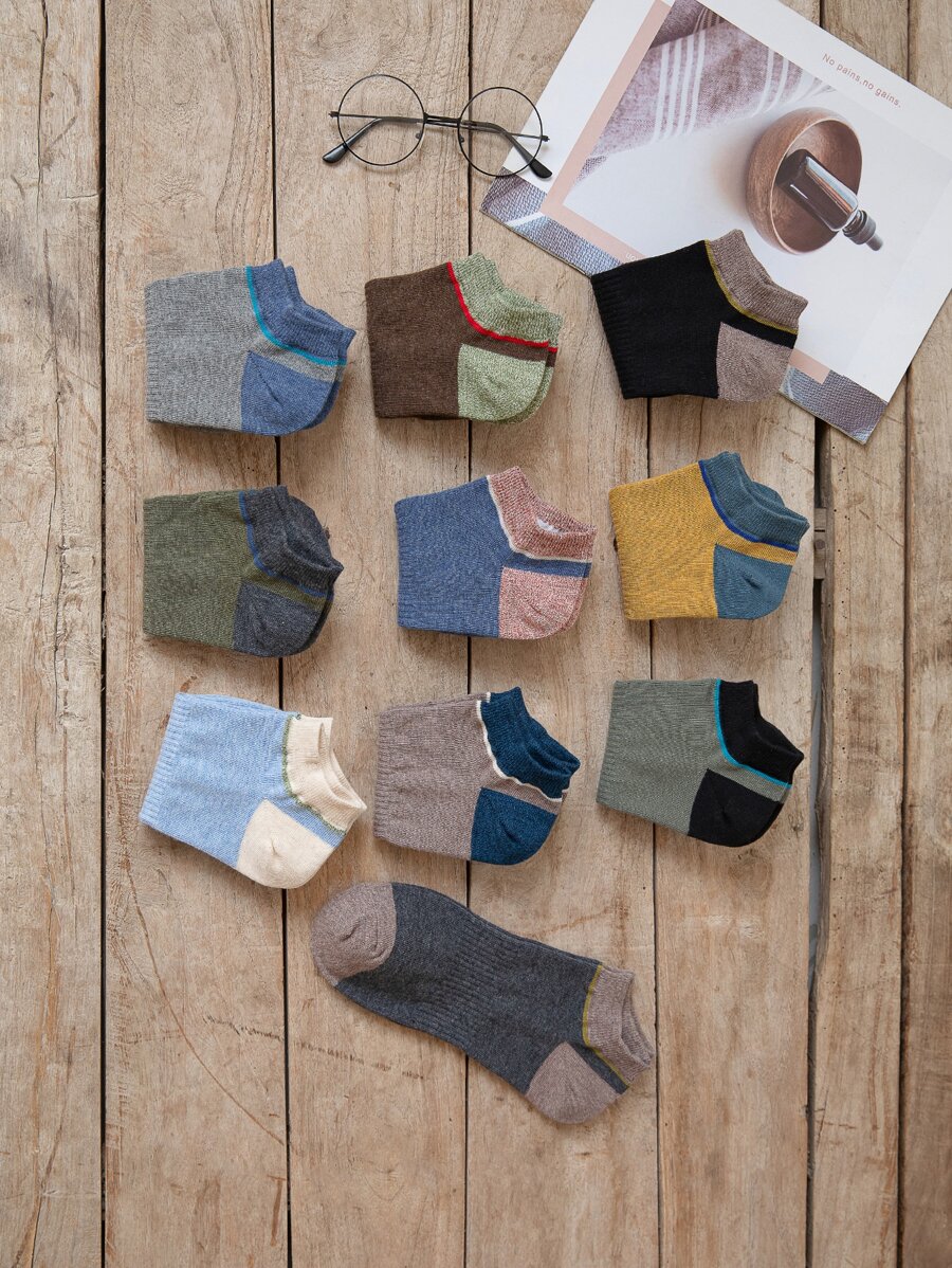 10pairs/set Men's Color Block Short Socks, Free Size - Multicolor - View 1