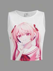 SHEIN 青少年女孩人像圖案背心上衣 - 白色 - 查看 1