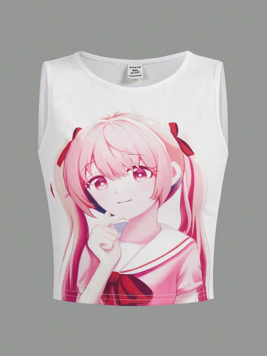 SHEIN 青少年女孩人像圖案背心上衣 - 白色 - 查看 1