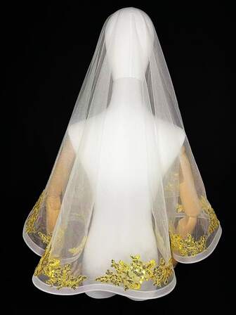 Elastisk Spetskant Kort Brudslöja, Gyllene