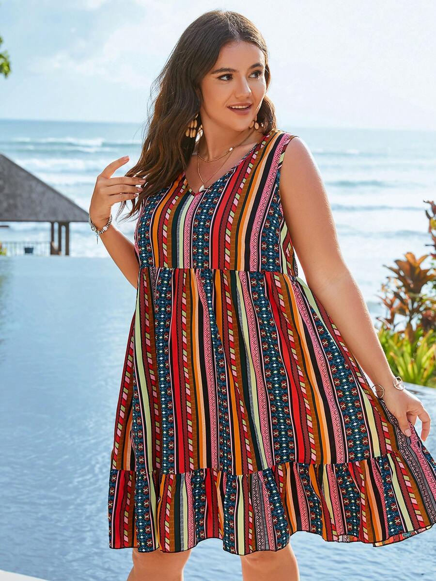 SHEIN Holidaya 大碼幾何印花荷葉邊娃娃裙 - 彩色 - 查看 1