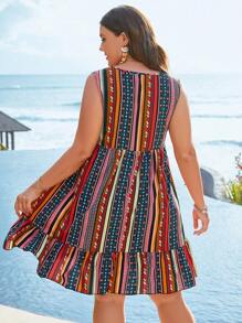 SHEIN Holidaya 大碼幾何印花荷葉邊娃娃裙 - 彩色 - 查看 2