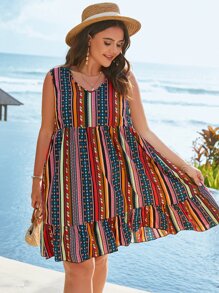 SHEIN Holidaya 大碼幾何印花荷葉邊娃娃裙 - 彩色 - 查看 5