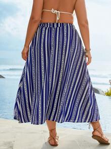 SHEIN Holidaya 大碼碎花彈性腰帶半身裙 - 藍色 - 查看 2