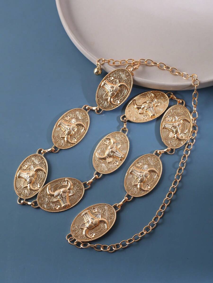 1入組女士黃牛頭細節橢圓裝飾復古鏈條腰帶 - 金色 - 查看 1