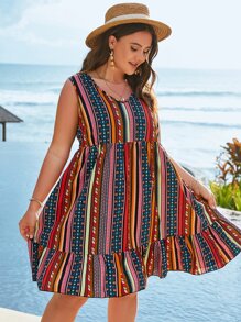SHEIN Holidaya 大碼幾何印花荷葉邊娃娃裙 - 彩色 - 查看 6