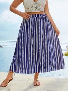 SHEIN Holidaya 大碼碎花彈性腰帶半身裙 - 藍色 - 查看 3