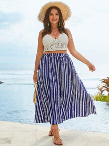 SHEIN Holidaya 大碼碎花彈性腰帶半身裙 - 藍色 - 查看 4