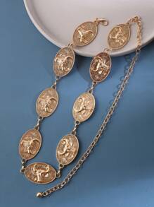 1入組女士黃牛頭細節橢圓裝飾復古鏈條腰帶 - 金色 - 查看 2