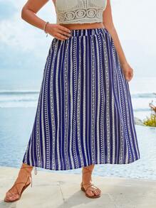 SHEIN Holidaya 大碼碎花彈性腰帶半身裙 - 藍色 - 查看 5