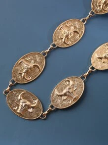 1入組女士黃牛頭細節橢圓裝飾復古鏈條腰帶 - 金色 - 查看 5