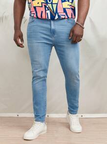 GENTILAND Men Plus Cotton Slant Pocket Skinny Jeans - Light Wash - View 1