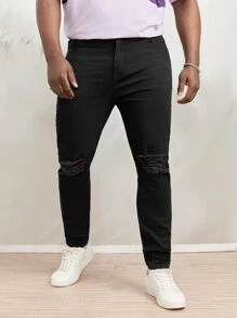 GENTILAND Men Plus Ripped Skinny Jeans - Black - View 4