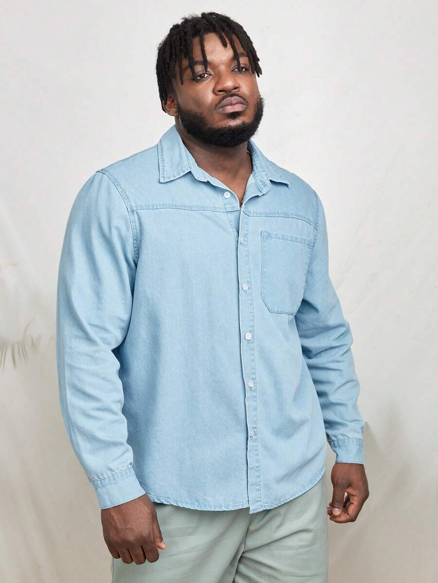 GENTILAND Men Plus Pocket Patched Denim Shirt - Light Wash - View 1