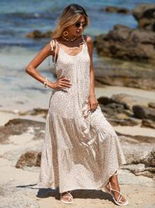 Breezaya Vestido de tirantes con estampado floral de hombros con cordón bajo a capas - Albaricoque - Ver 3