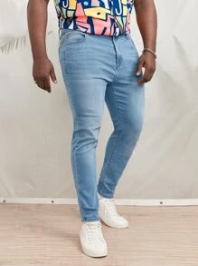 GENTILAND Men Plus Cotton Slant Pocket Skinny Jeans - Light Wash - View 5