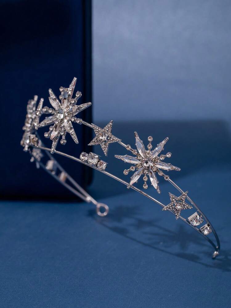 1 pièce Élégant et magnifique accessoire pour cheveux de mariée, couronne style reine à cristal en forme d'étoile à cinq branches pour le bal de promo, fête des neiges