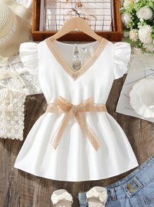 SHEIN 女孩蕾絲拼接荷葉邊腰帶荷葉邊下擺襯衫 - 白色 - 查看 1