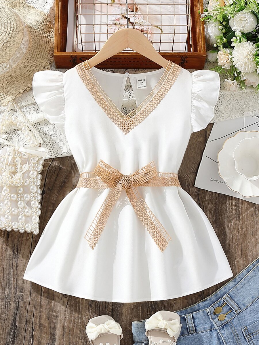 SHEIN 女孩蕾絲拼接荷葉邊腰帶荷葉邊下擺襯衫 - 白色 - 查看 1